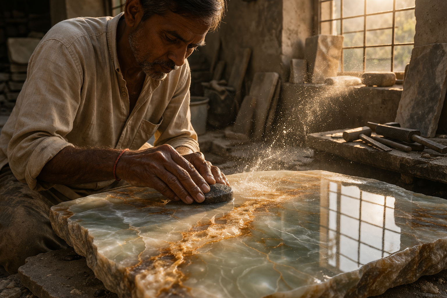 Indian artisan hand-polishing a semi-precious stone slab in a Kishangarh workshop, golden light streaming through the window