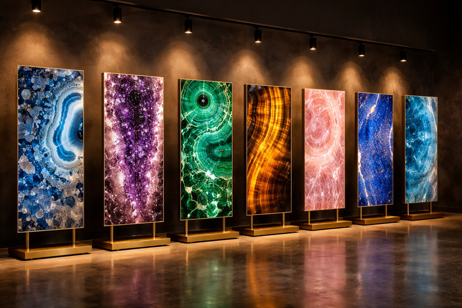 Polished semi-precious stone slabs displayed on custom metal stands in a gallery-like showroom