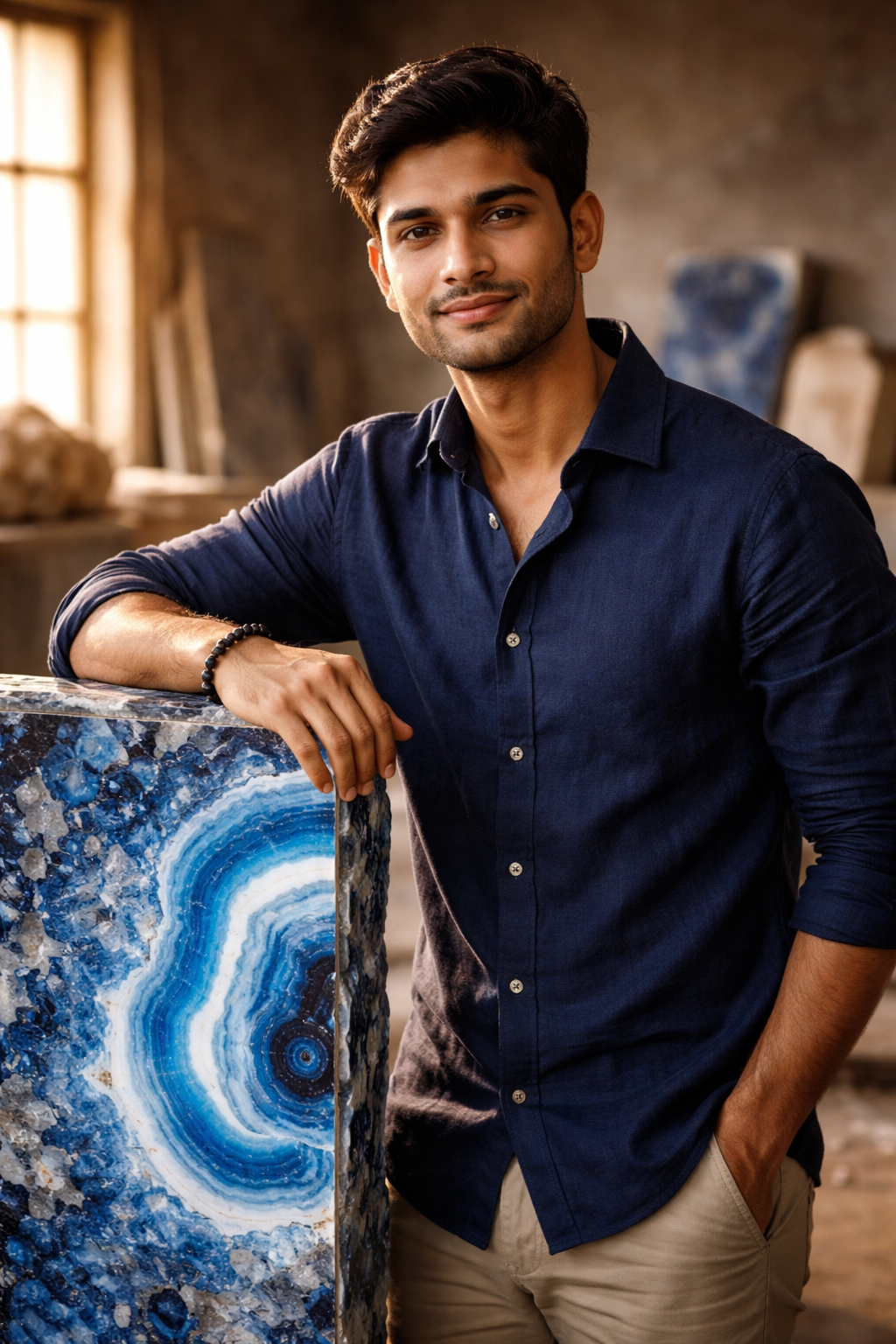 Atin Agarwal, Co-Founder of Gemvera Stones, standing next to a polished blue agate slab