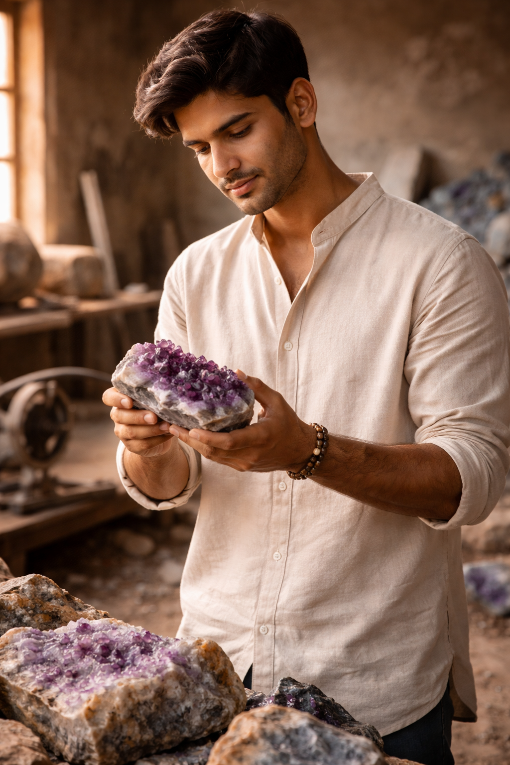 Ankit Agarwal, Co-Founder of Gemvera Stones, examining raw amethyst in the workshop