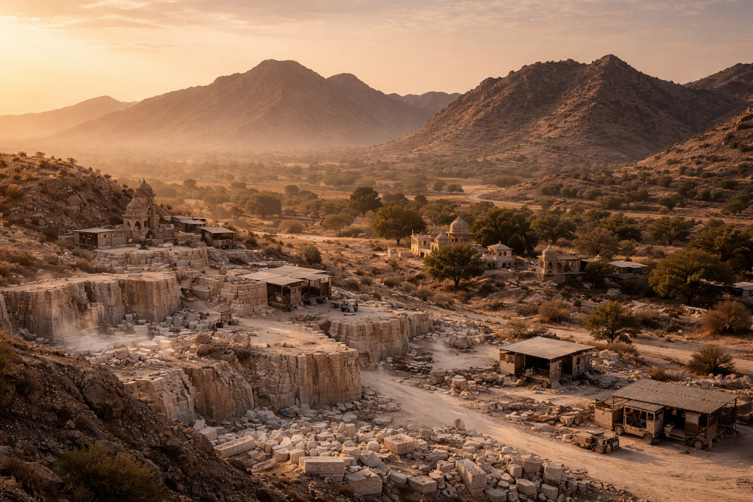 Panoramic landscape of Kishangarh, Rajasthan — arid terrain with Aravalli hills and stone workshops at golden hour