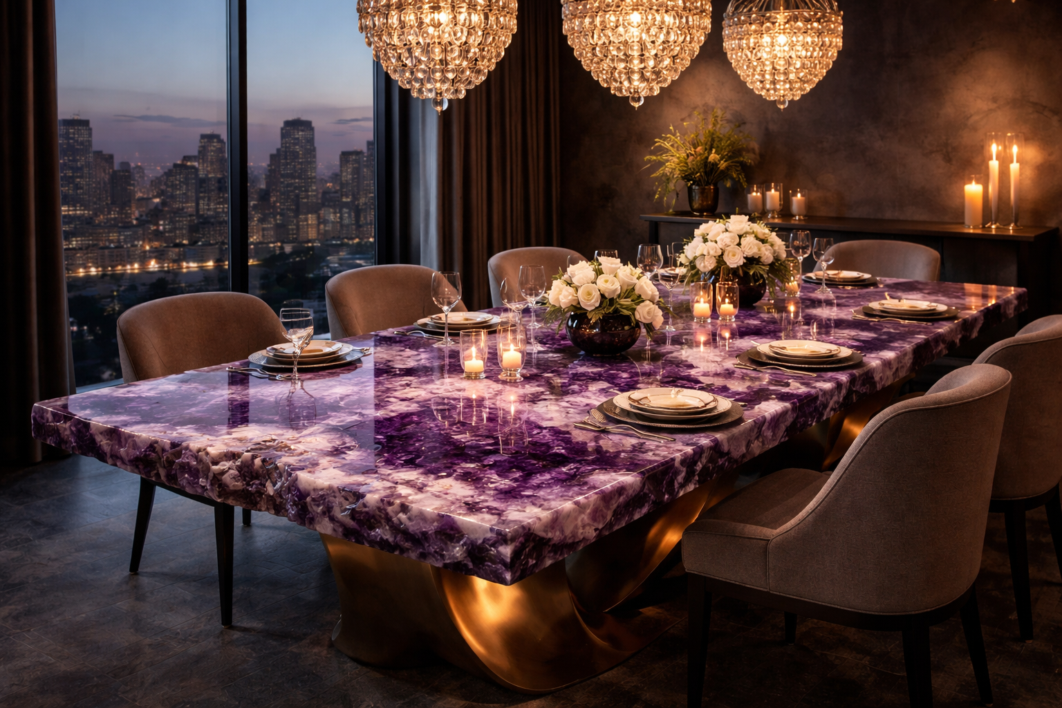 Magnificent custom amethyst dining table in ultra-luxurious dining room with city skyline view
