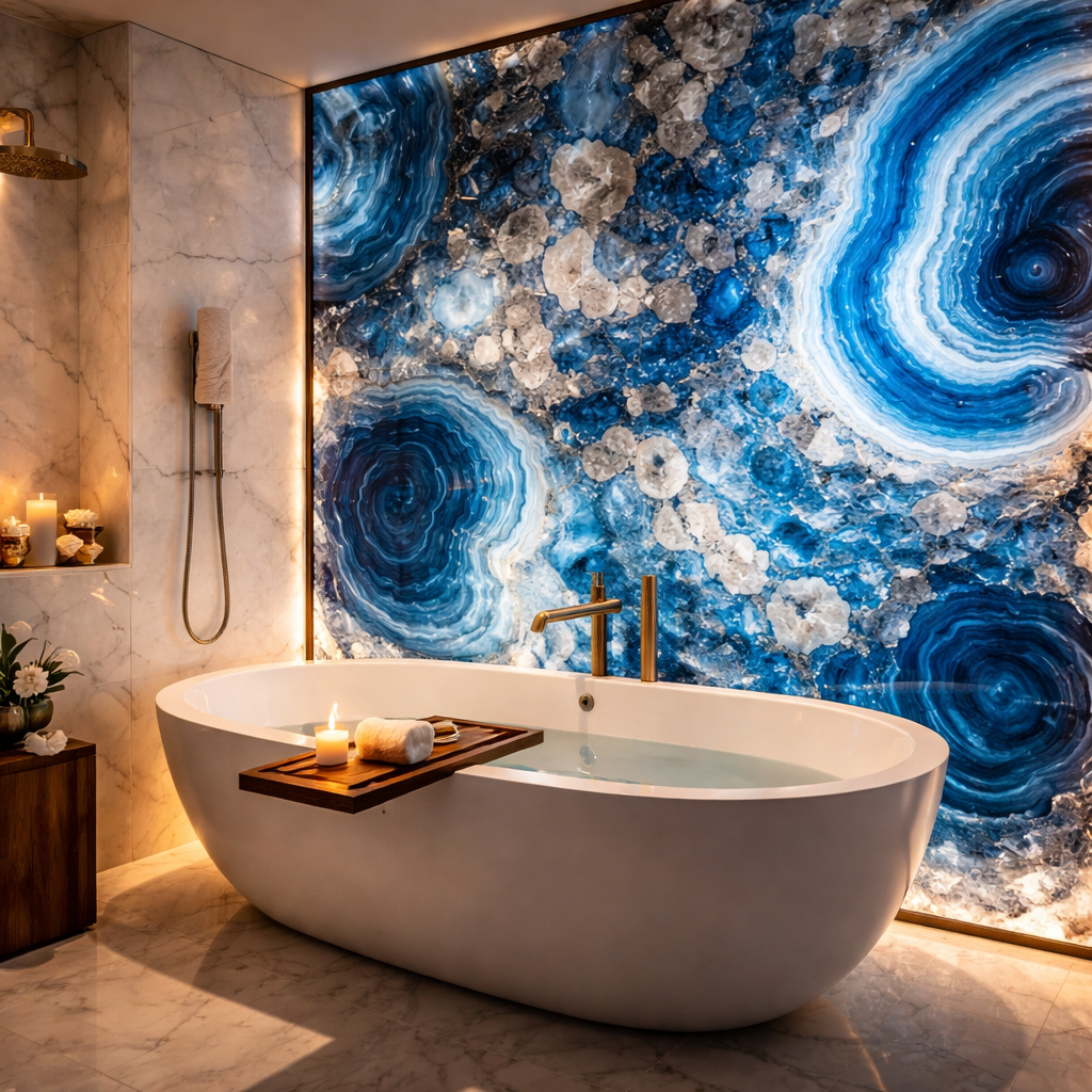 Custom backlit blue agate wall in luxury master bathroom with freestanding tub