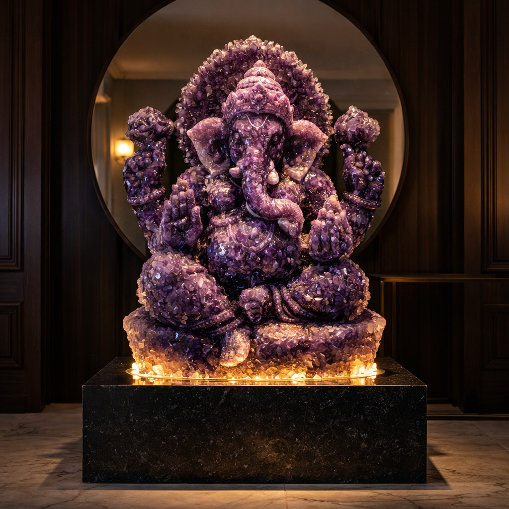 Commissioned amethyst geode Ganesha sculpture in luxury home foyer
