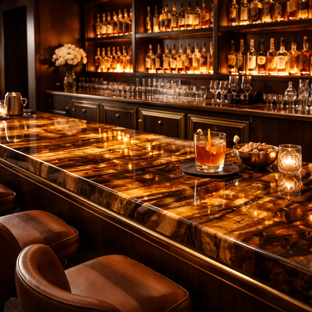 Tiger eye stone bar top glowing under warm lighting in luxury lounge