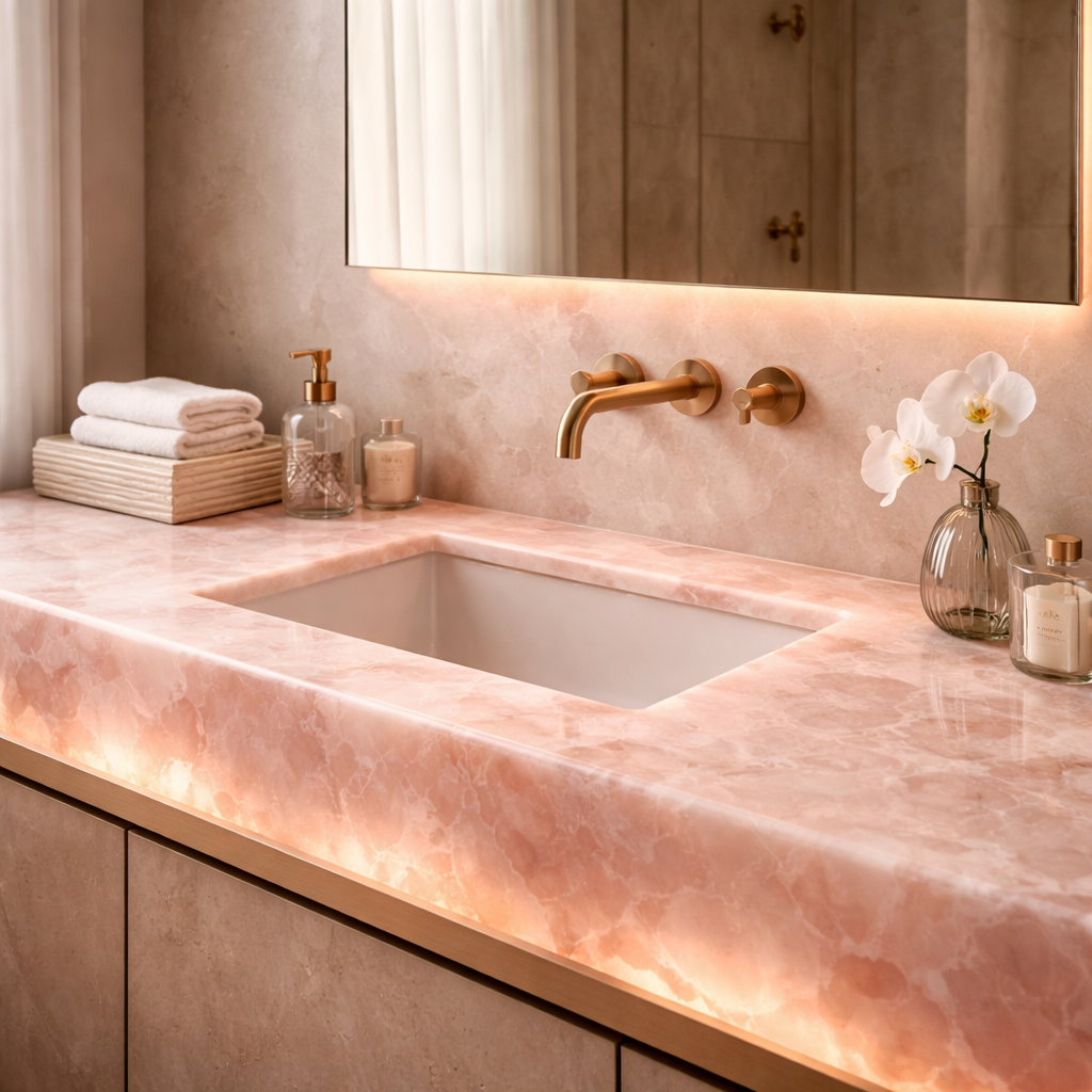 Rose quartz vanity countertop with integrated sink and gold fixtures
