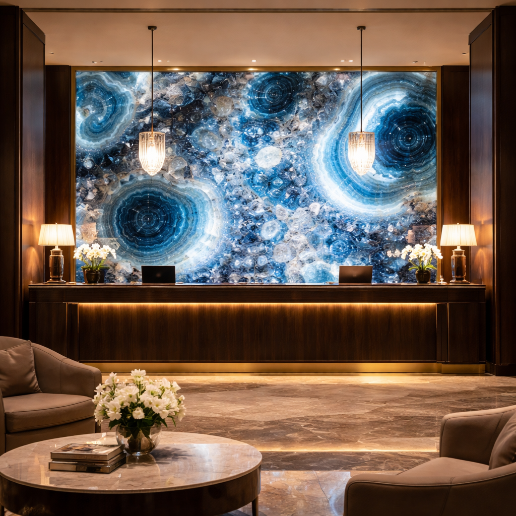 Five-star hotel lobby with massive backlit blue agate installation