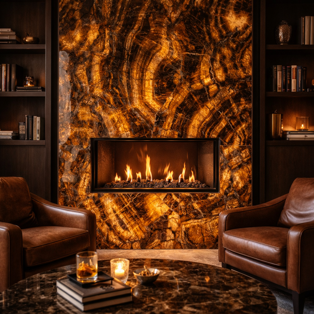 Custom tiger eye stone fireplace surround in luxury living room
