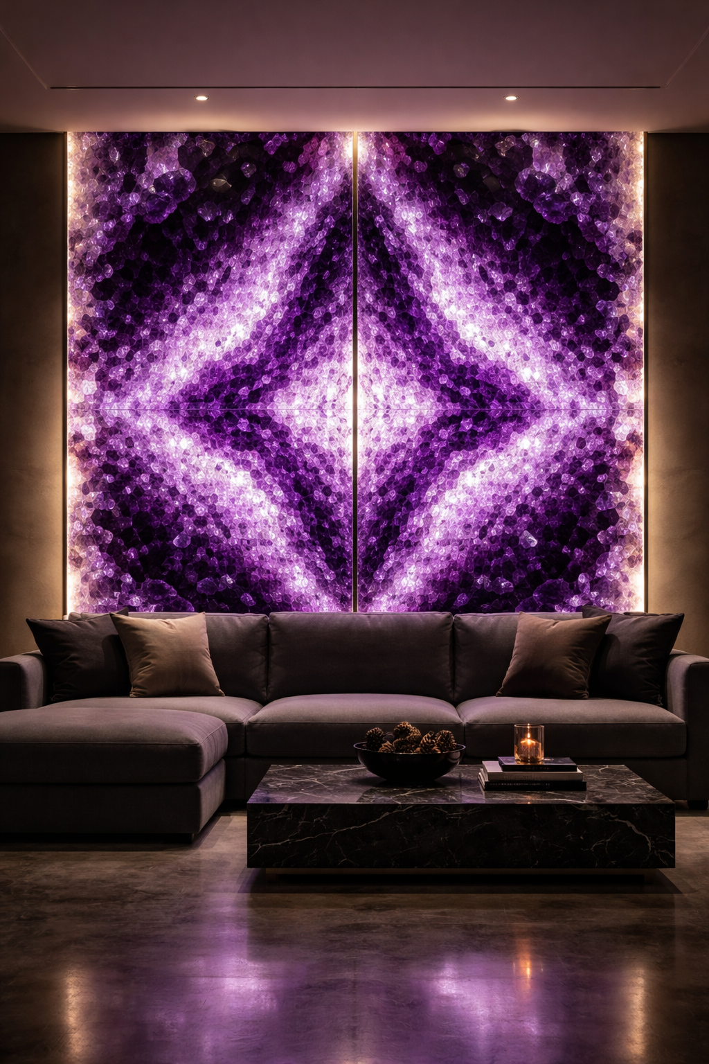 Backlit bookmatched amethyst wall installation