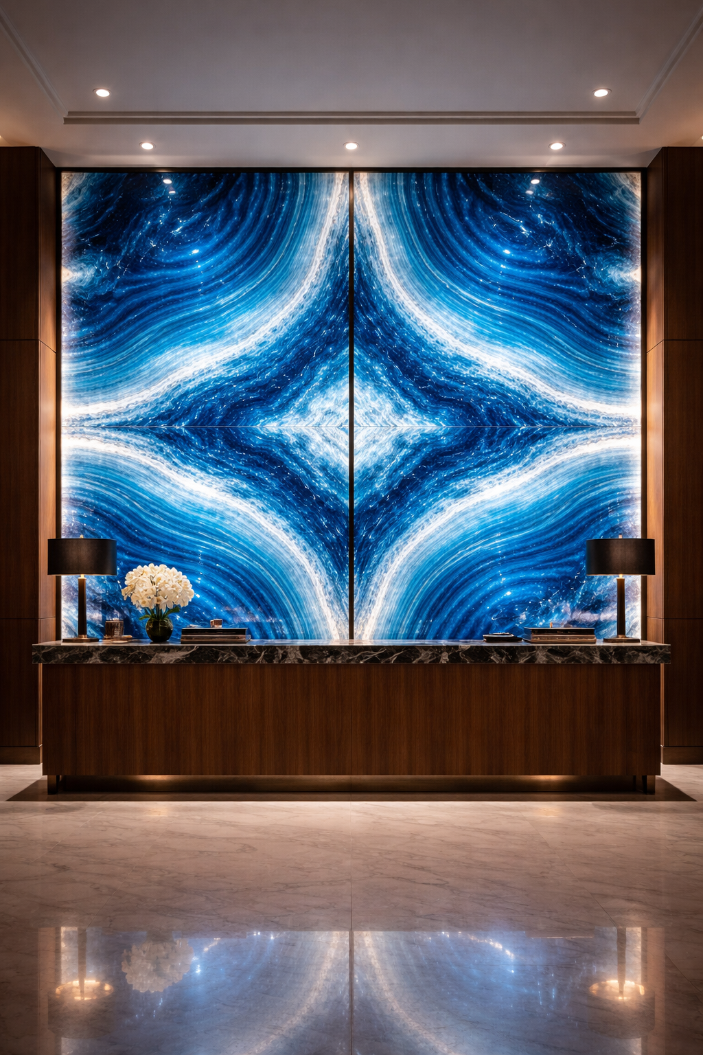 Bespoke backlit blue agate wall installation in hotel lobby