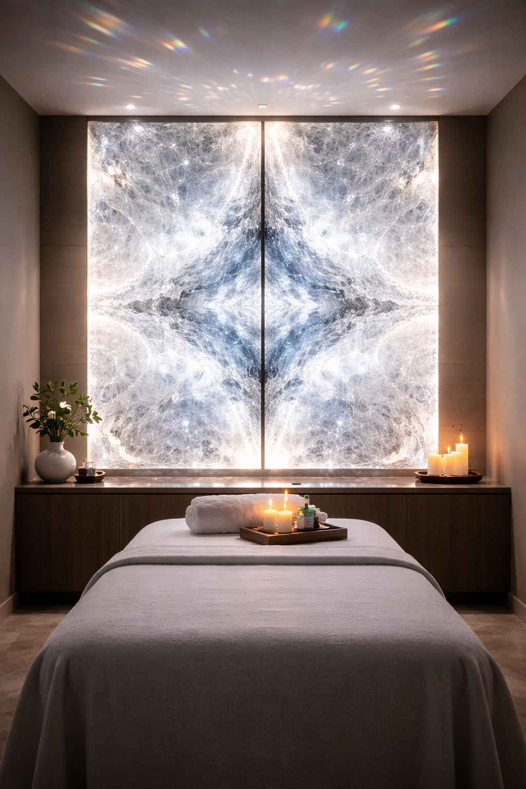 Backlit crystal quartz wall panels in private spa
