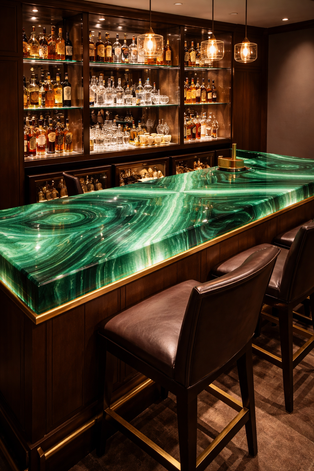 Custom backlit malachite bar top for fine dining