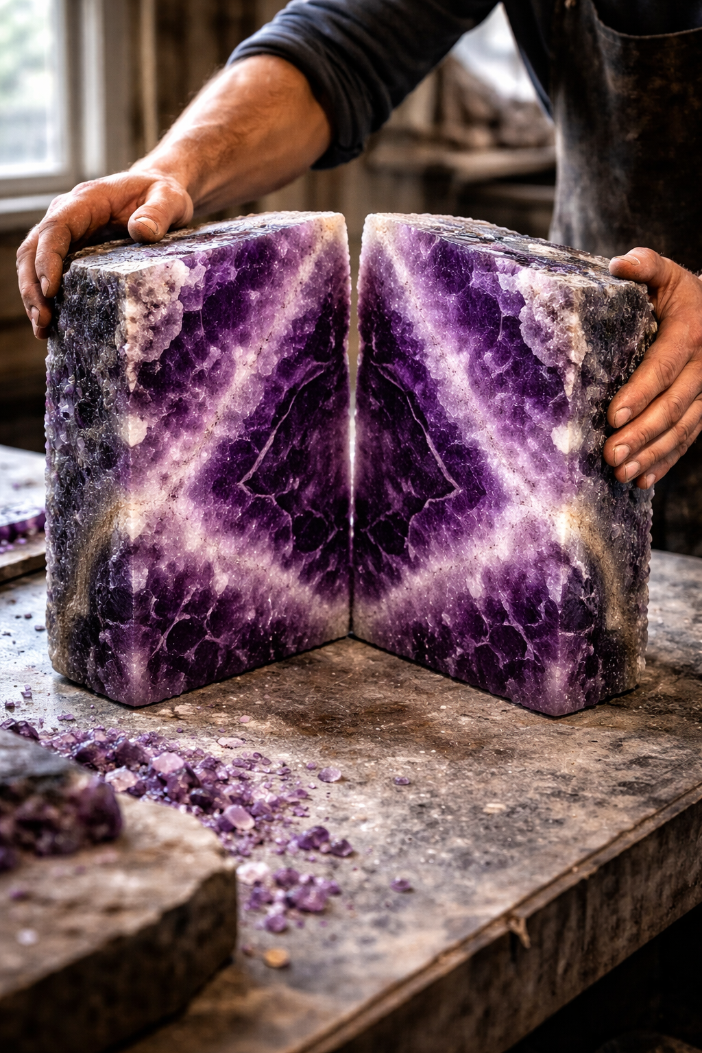 Artisan hands revealing a bookmatched amethyst pair in the Kishangarh workshop