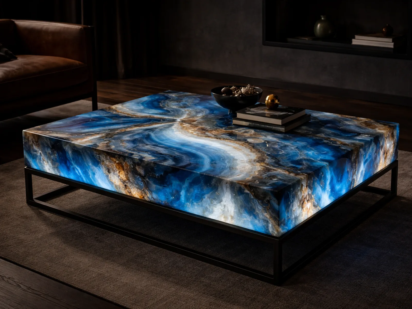 Blue Agate Infinity Table — backlit blue agate slab on black metal base, glowing in dark living room