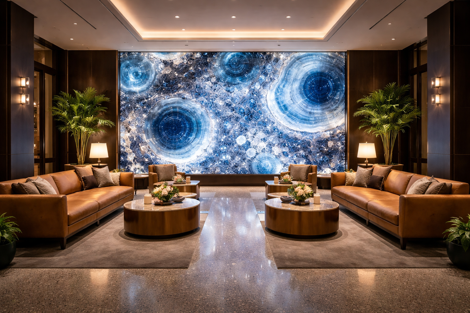 Luxury boutique hotel lobby with dramatic floor-to-ceiling backlit blue agate feature wall