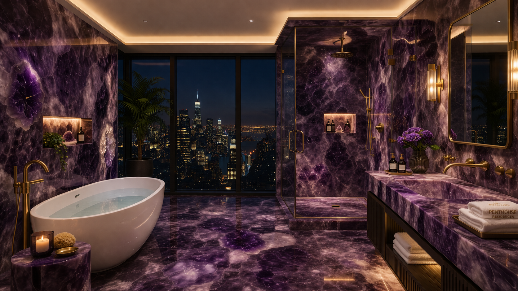 Penthouse master bathroom entirely clad in polished amethyst stone with gold fixtures