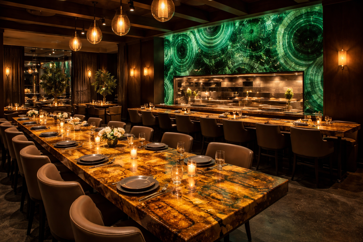 High-end restaurant with tiger eye communal table and backlit malachite feature wall