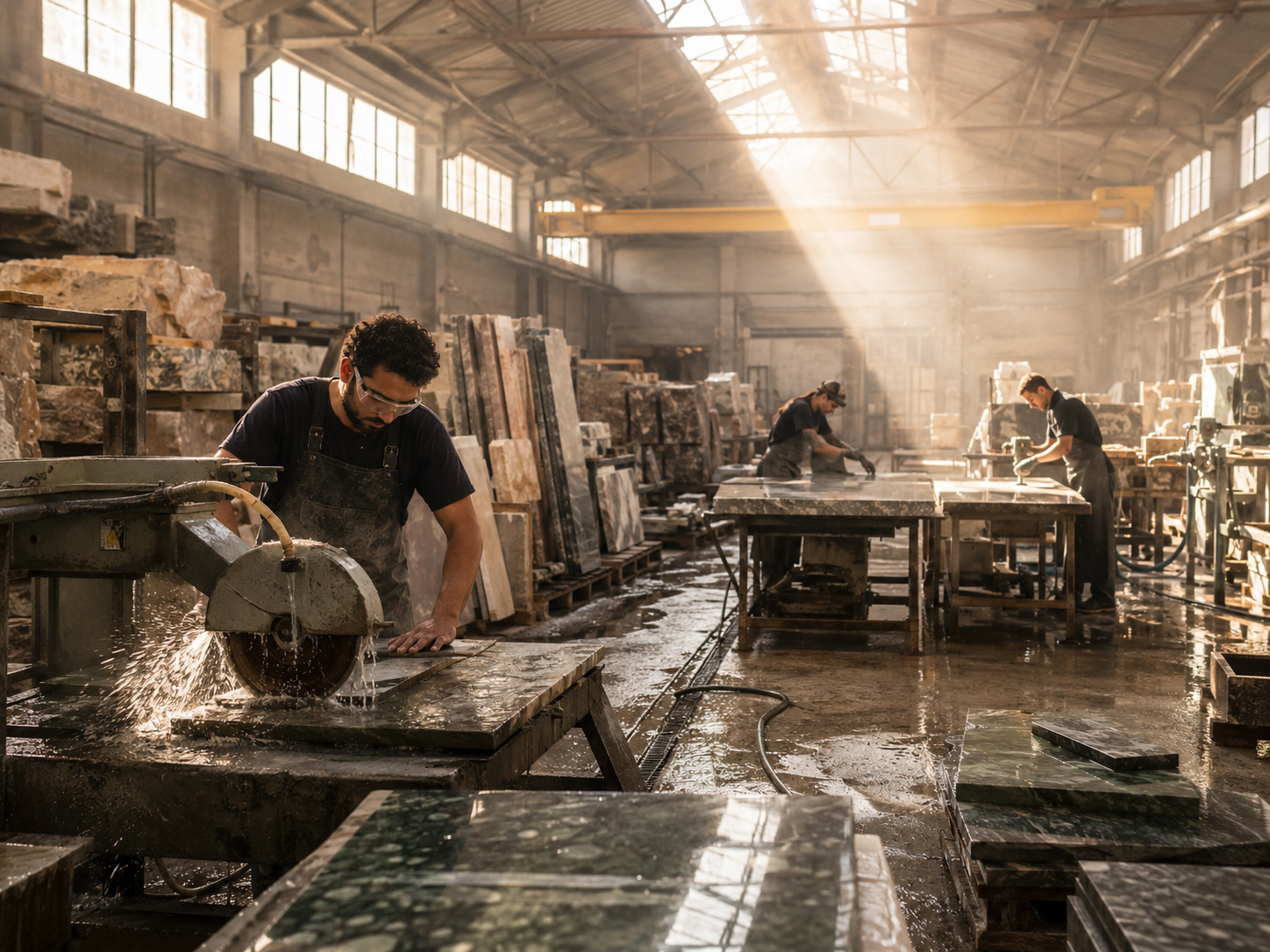 Artisans cutting and polishing stone at the Gemvera Kishangarh workshop
