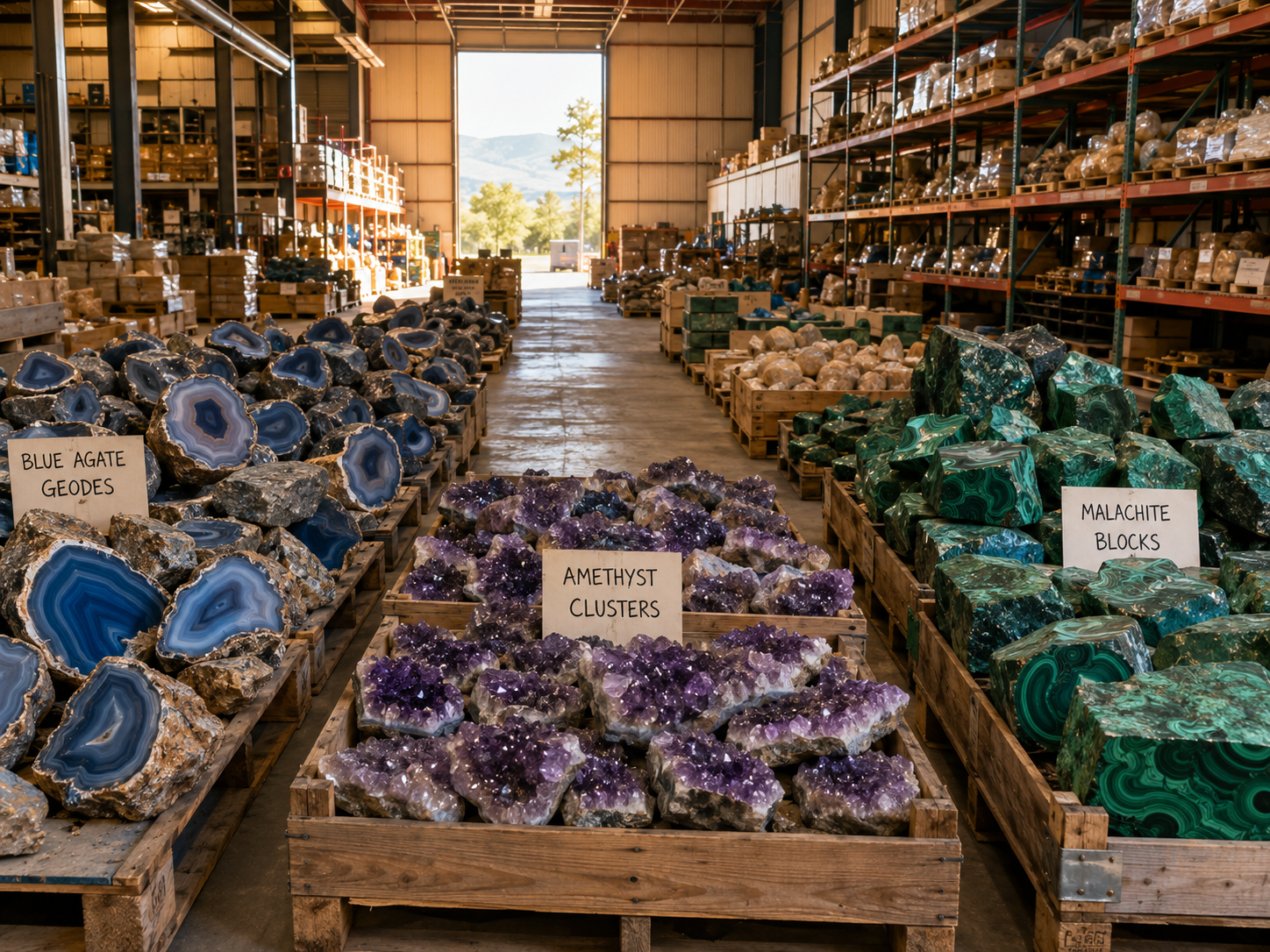 Raw semi-precious stone storage — blue agate, amethyst, and malachite